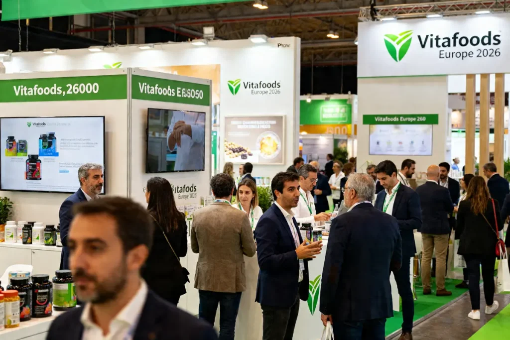 Stand Vitafoods Europe 2026 animé avec visiteurs et présentations de produits naturels et suppléments