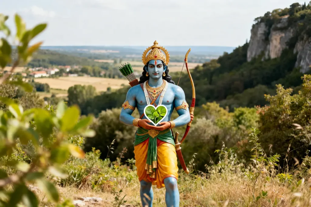 Statue d'Arjuna en pleine nature portant un symbole de cœur végétal