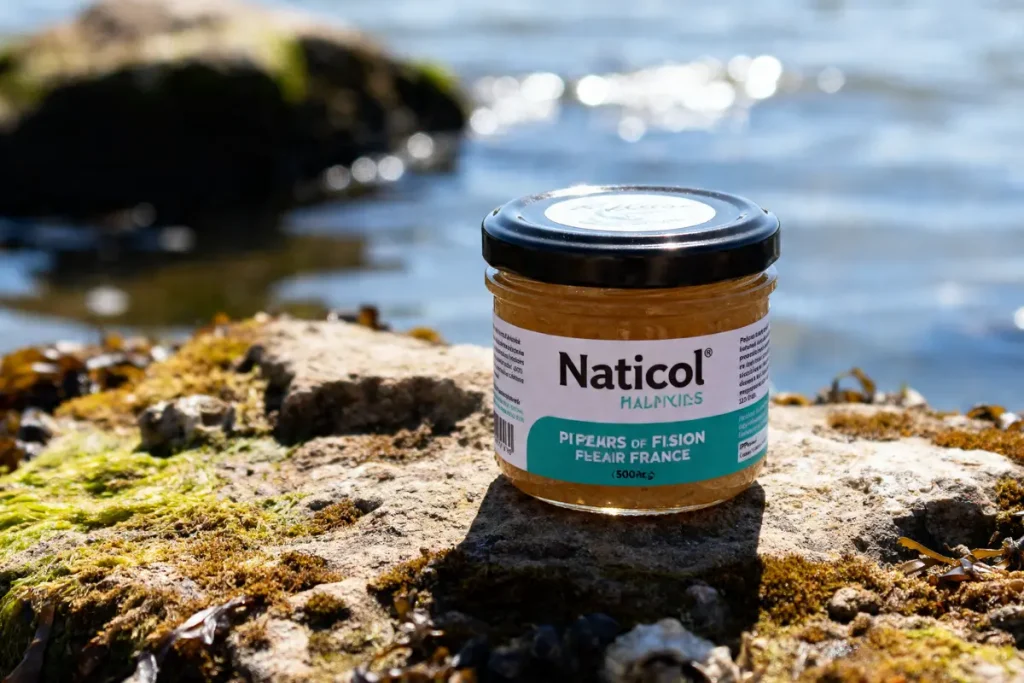 Pot de collagène Naticol posé sur un rocher près de l'eau en arrière-plan.