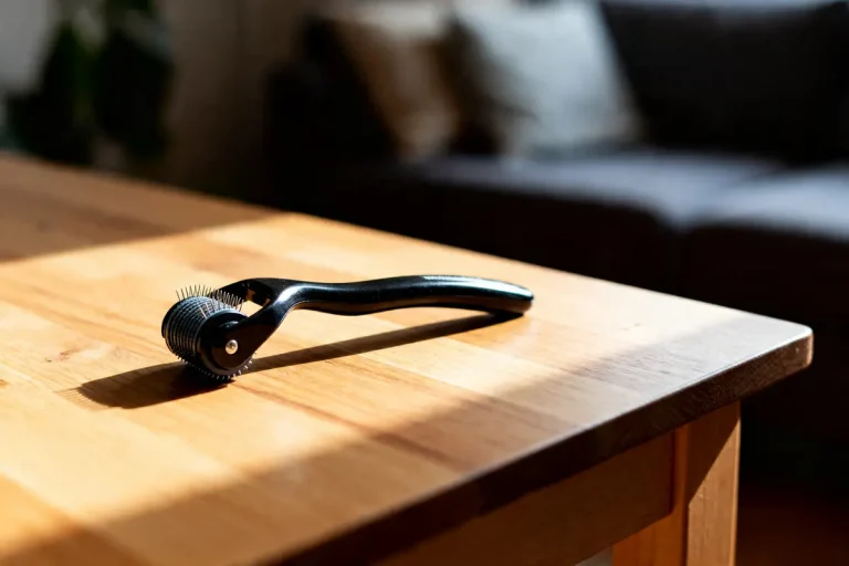 Noir dermaroller posé sur une table en bois éclairée par la lumière naturelle