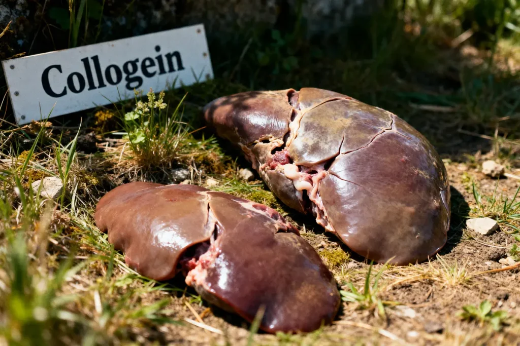Foies sur sol herbeux devant un panneau Collogein intègrent le collagène et le foie