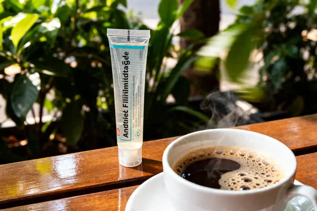 Tube de gel sur table près d'un café, meilleur anti-inflammatoire pour une tendinite.