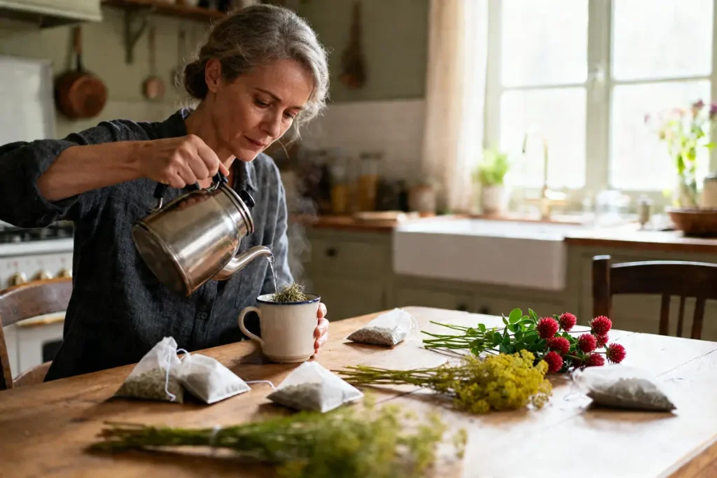 Femme préparant une infusion de plantes pour la ménopause et phytothérapie sur une table rustique
