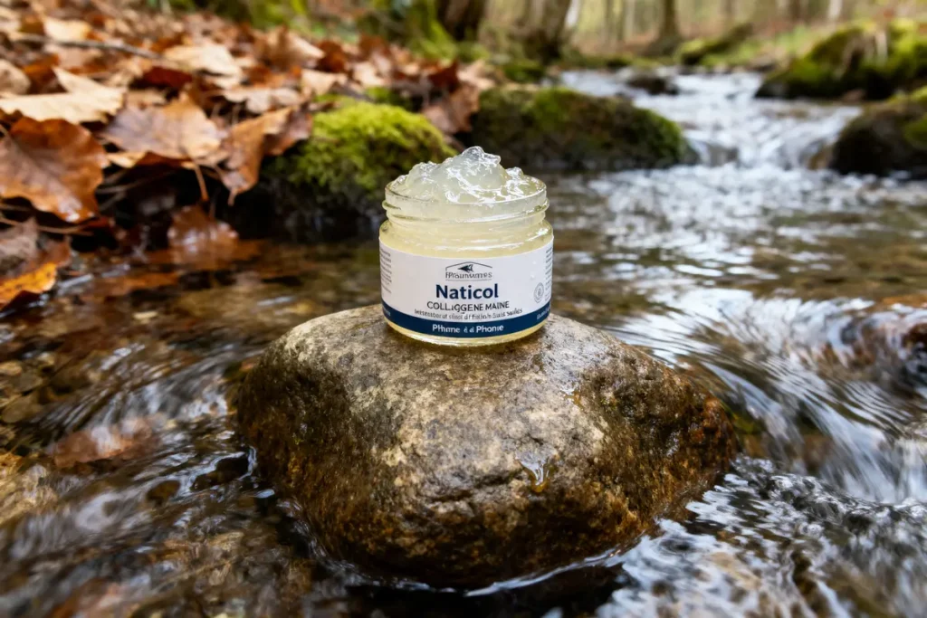 Pot de gel Naticol sur un rocher au milieu d'un ruisseau en forêt