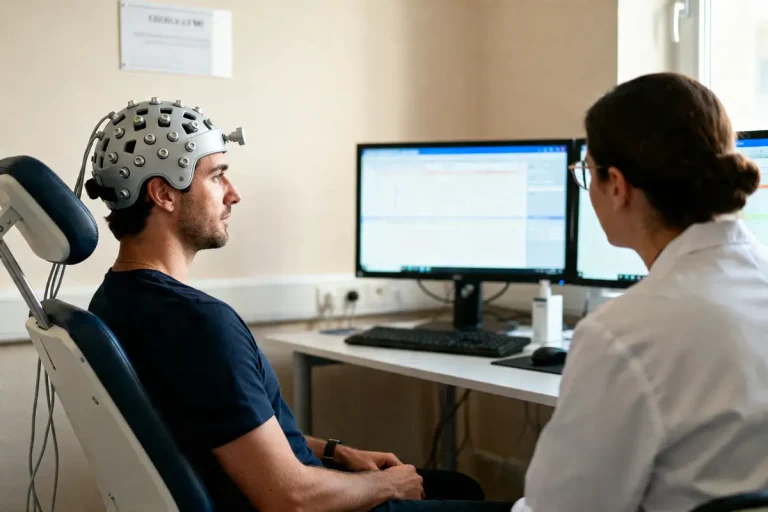 Un patient subit une thérapie rTMS pour soigner la dépression dans un cabinet médical