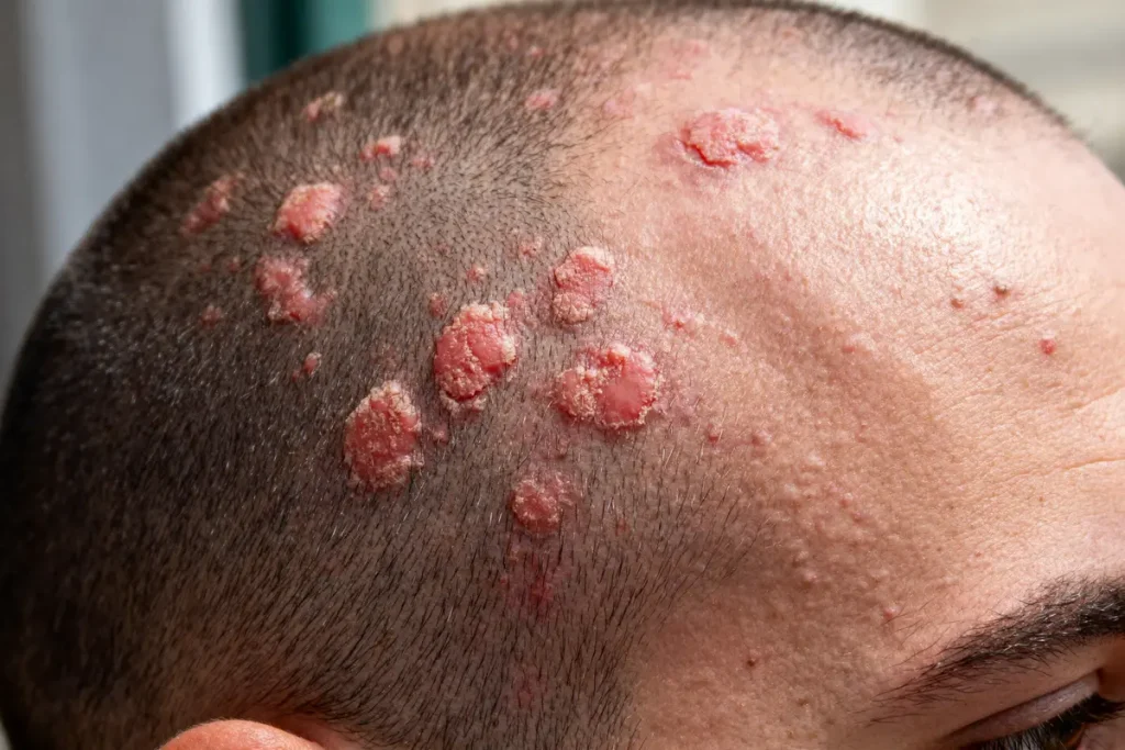 Cuir chevelu avec plaques rouges caractéristiques du psoriasis du cuir chevelu sévère