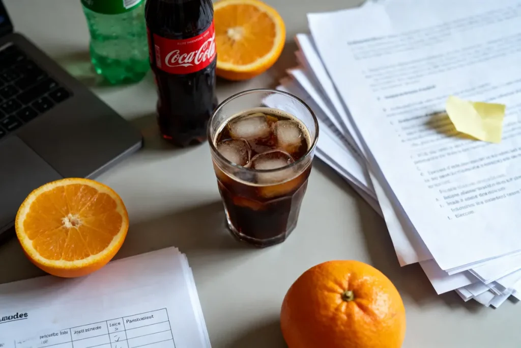 Verre de soda avec glace, ordinateur, documents, bouteille Coca-Cola, bouteille Sprite, orange entière et demi-orange.