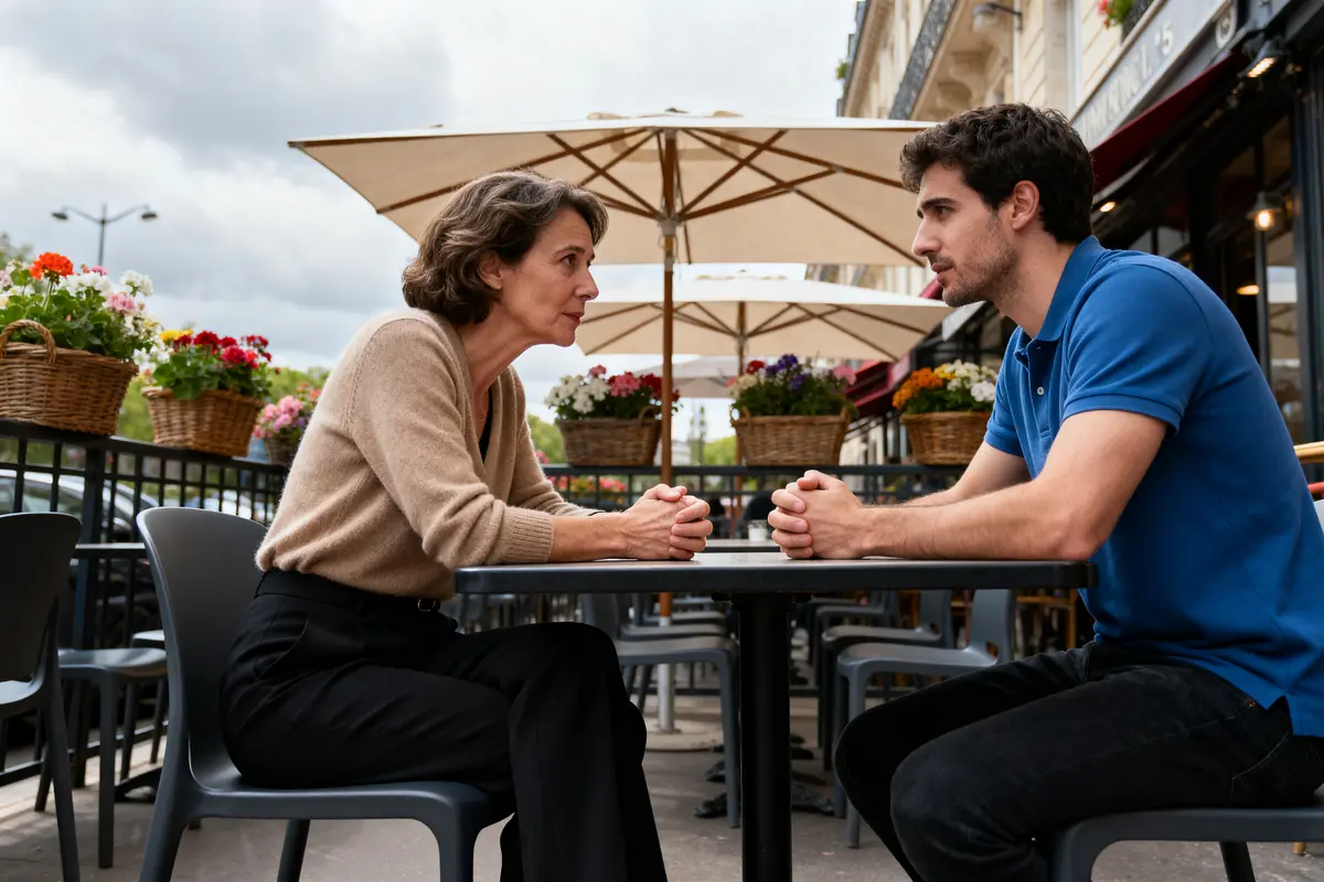 Deux personnes discutent à une table de café en terrasse, avec des fleurs en arrière-plan.