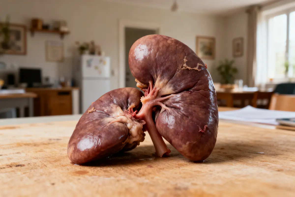 Deux reins crus posés sur une planche à découper dans une cuisine lumineuse.