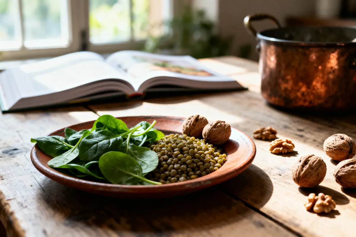Assiette légumes, épinards, noix sur table en bois; livre et casserole en arrière-plan, éclairage naturel.