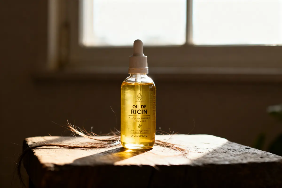 Bouteille d'huile de ricin sur table en bois, éclairée par la lumière du soleil.