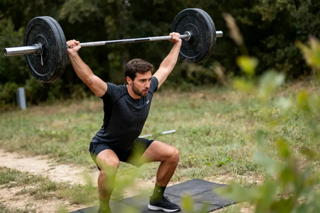 Homme soulevant un haltère en position de squat, en extérieur, sur un tapis noir.