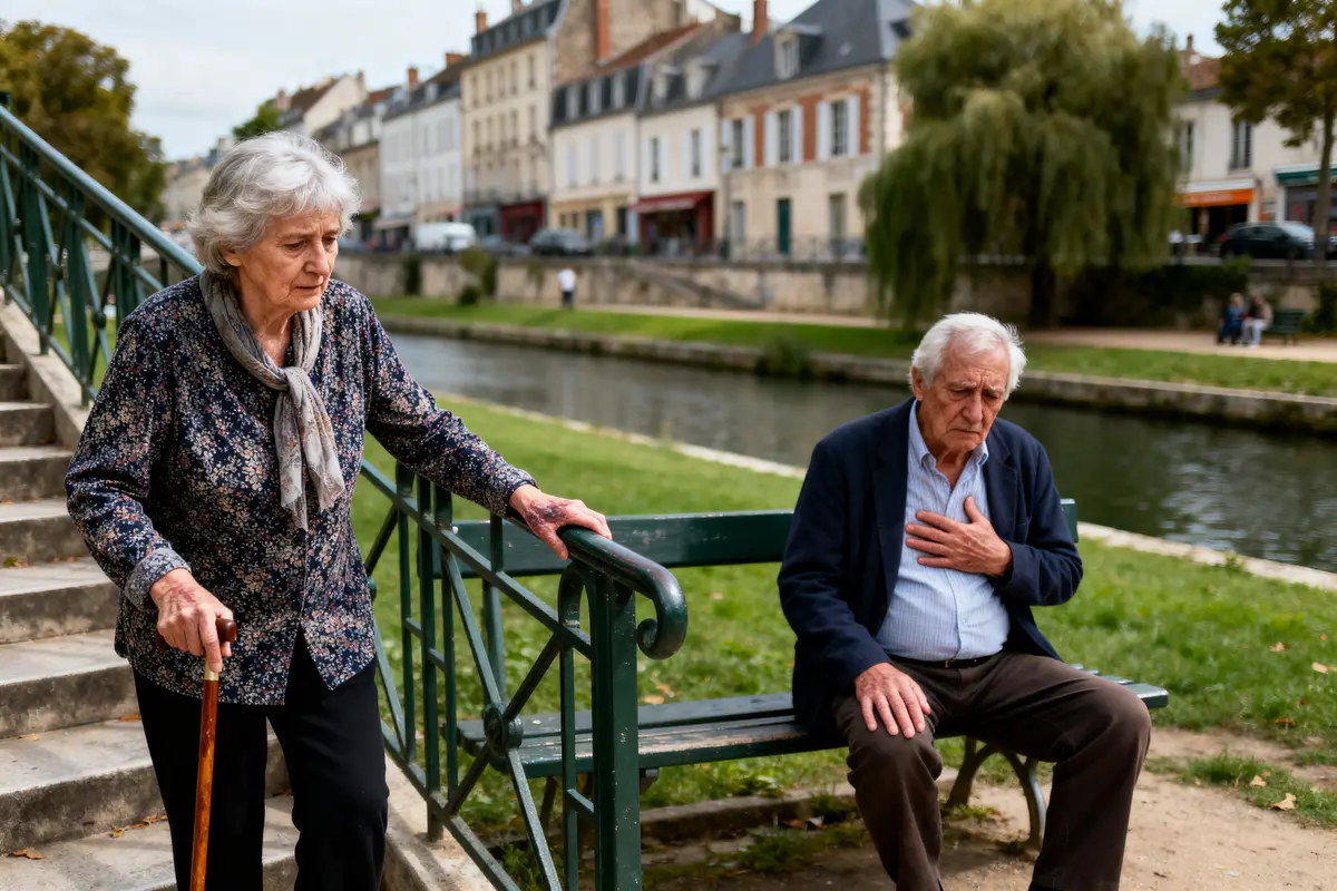 Une femme âgée marche, un homme assis semble souffrir, près d'un canal en ville.