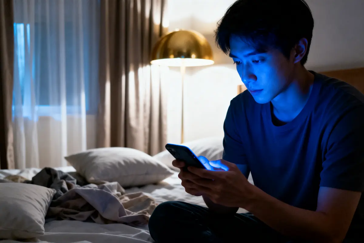 Un homme assis sur un lit regarde son téléphone portable dans une chambre faiblement éclairée.