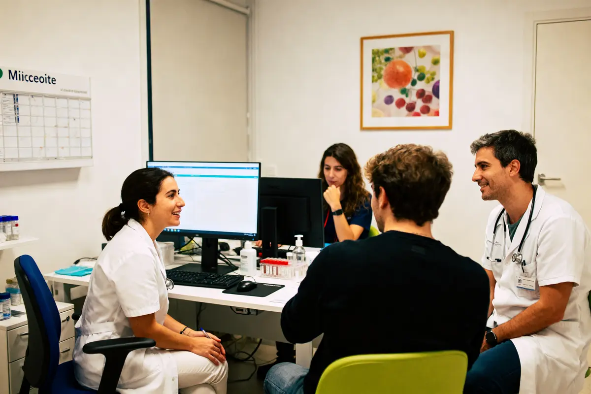 Quatre personnes discutent dans un bureau médical avec ordinateurs, tableaux et décor coloré.