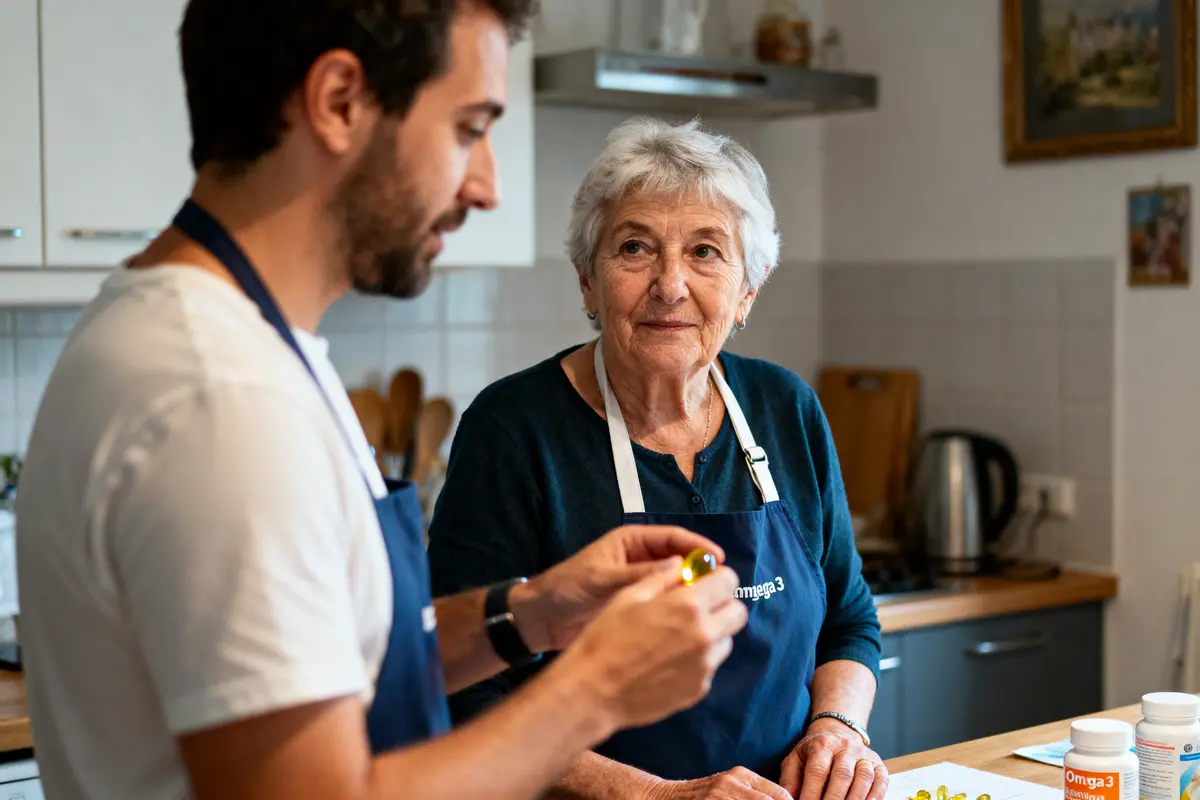 Un homme et une femme âgée cuisinent ensemble dans une cuisine moderne, portant des tabliers bleus.