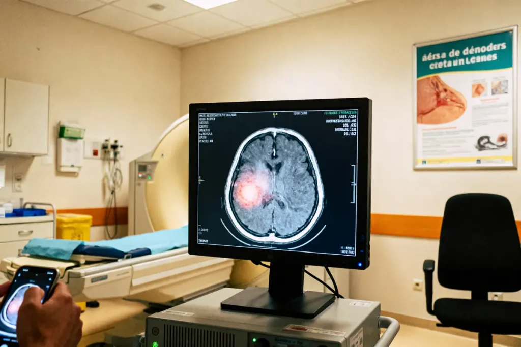 Écran de scanner cérébral avec anomalie lumineuse, salle d'imagerie médicale, homme utilisant un smartphone.