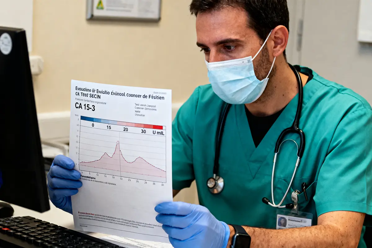 Un professionnel de santé examine un graphique médical en portant un masque et des gants.