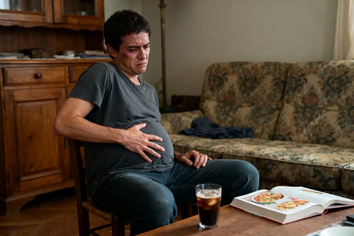 Homme assis tenant son ventre, air douloureux, livre de recettes et verre sur table devant canapé.