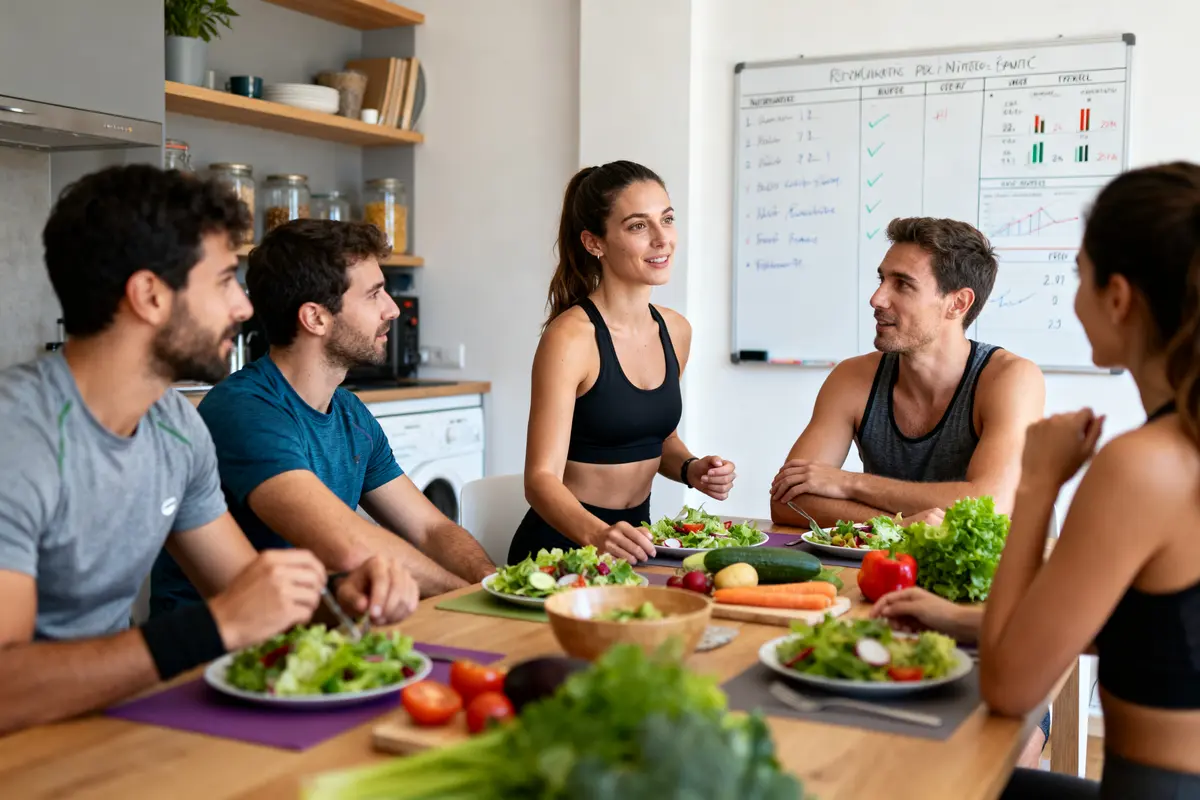 Personnes discutant autour d'une table avec des salades, entourées de légumes frais et tableau en arrière-plan.