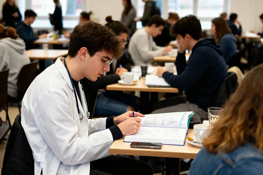 Étudiants en blouse médicale révisant pour l'examen du CESPM médecine dans une salle d'étude