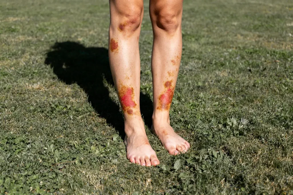 Jambes avec des taches rouges, liées au diabète, sur une pelouse verte en extérieur