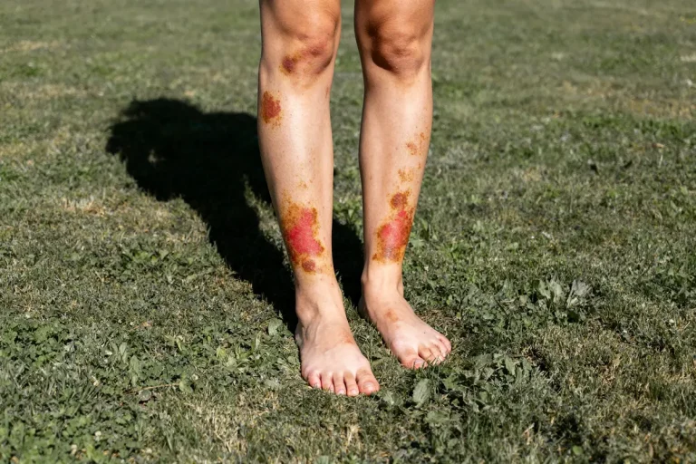 Jambes avec des taches rouges, liées au diabète, sur une pelouse verte en extérieur