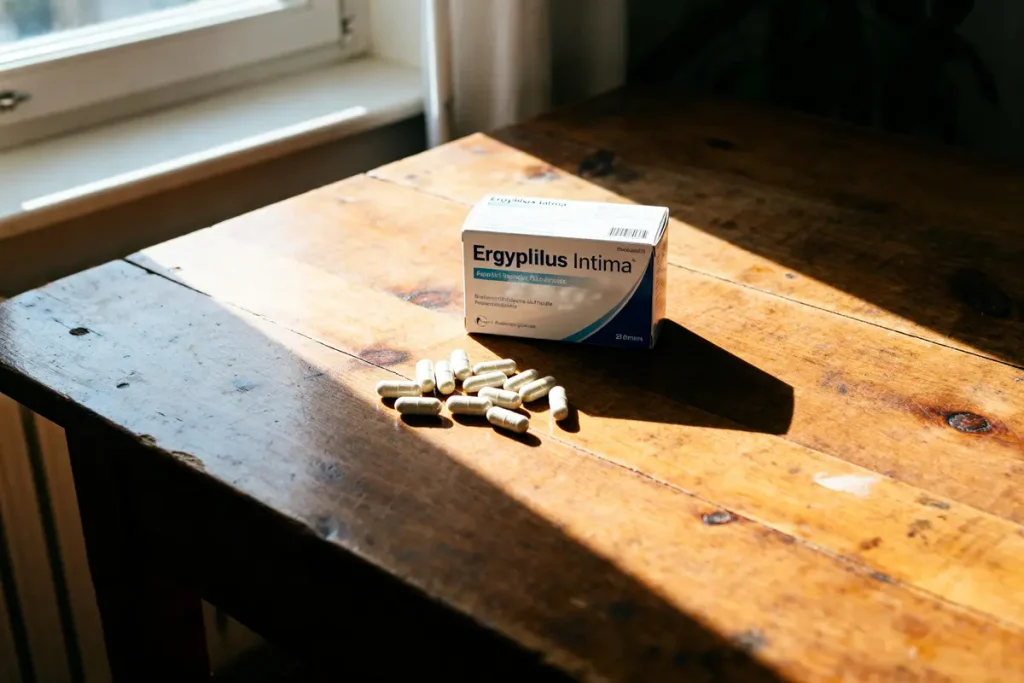 Boîte et capsules d'Ergyphilus Intima sur table en bois pour traitement de durée optimale