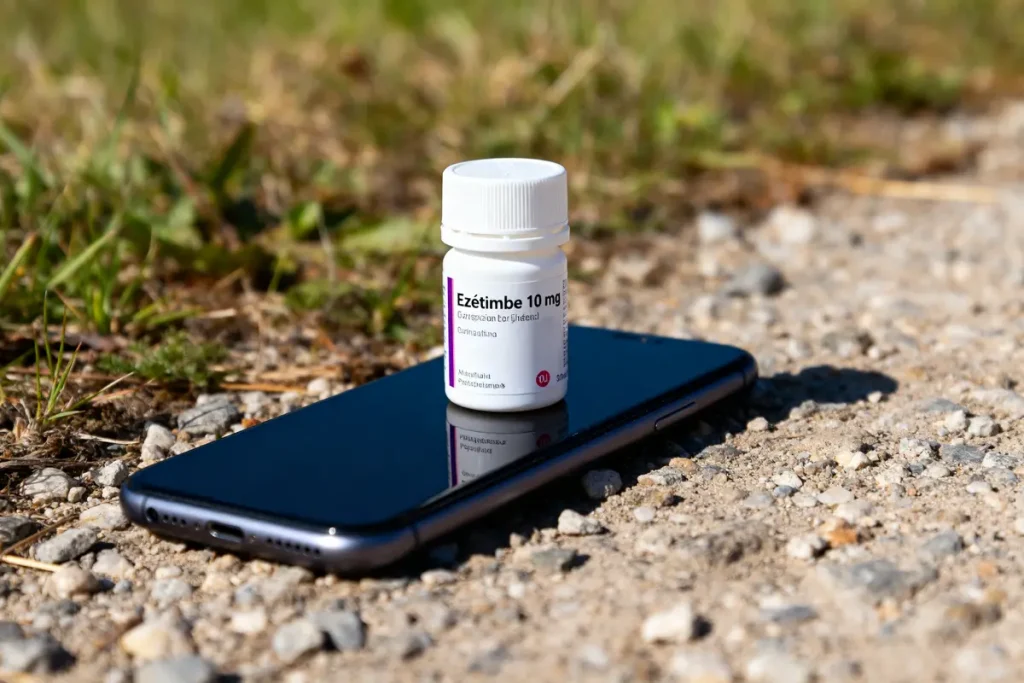 Flacon d'ézétimibe 10 mg posé sur un smartphone avec avis en extérieur.