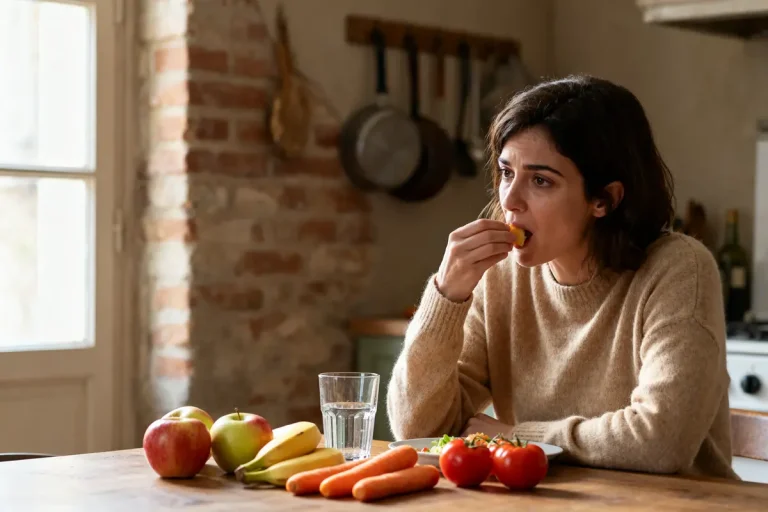 Femme mangeant des fruits aidant à la récupération après Pylera dans une cuisine rustique