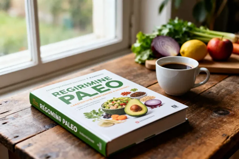 Livre sur le régime paléo posé sur une table en bois près d'ingrédients culinaires