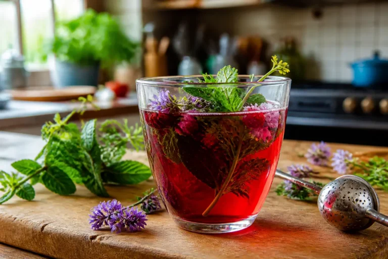 Infusion de plantes fraîches sur table en bois pour absorption lente chez slowinfusion.fr
