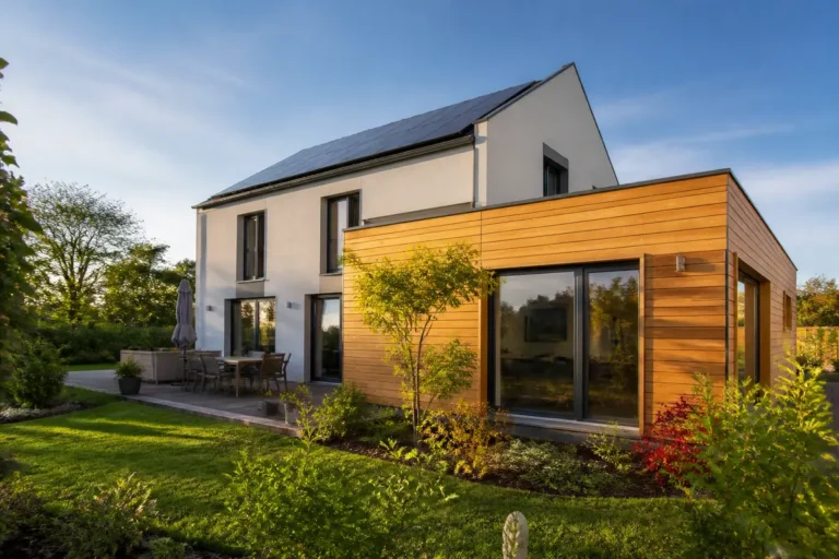 Maison moderne avec bardage en bois et panneaux solaires selon l'avis sur comepos.fr