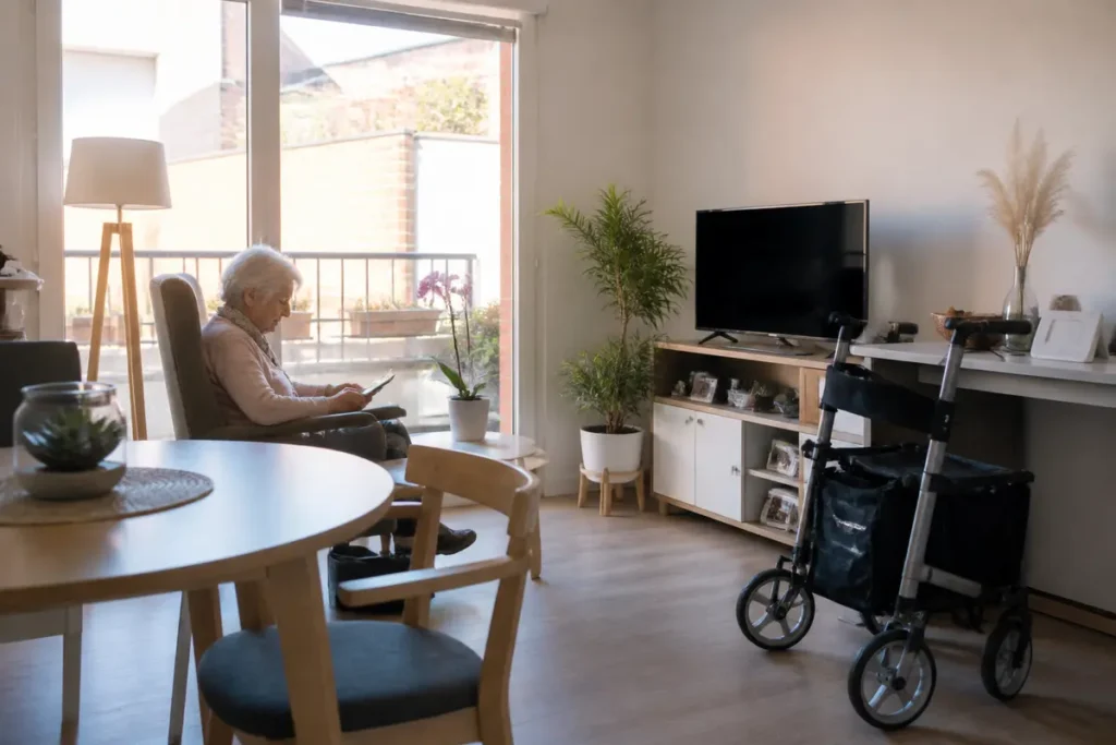 Personne âgée lisant dans un salon calme, souligne le confort de Seniorhome à Toulouse