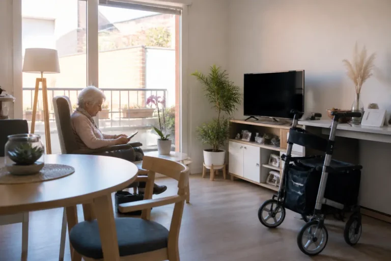 Personne âgée lisant dans un salon calme, souligne le confort de Seniorhome à Toulouse