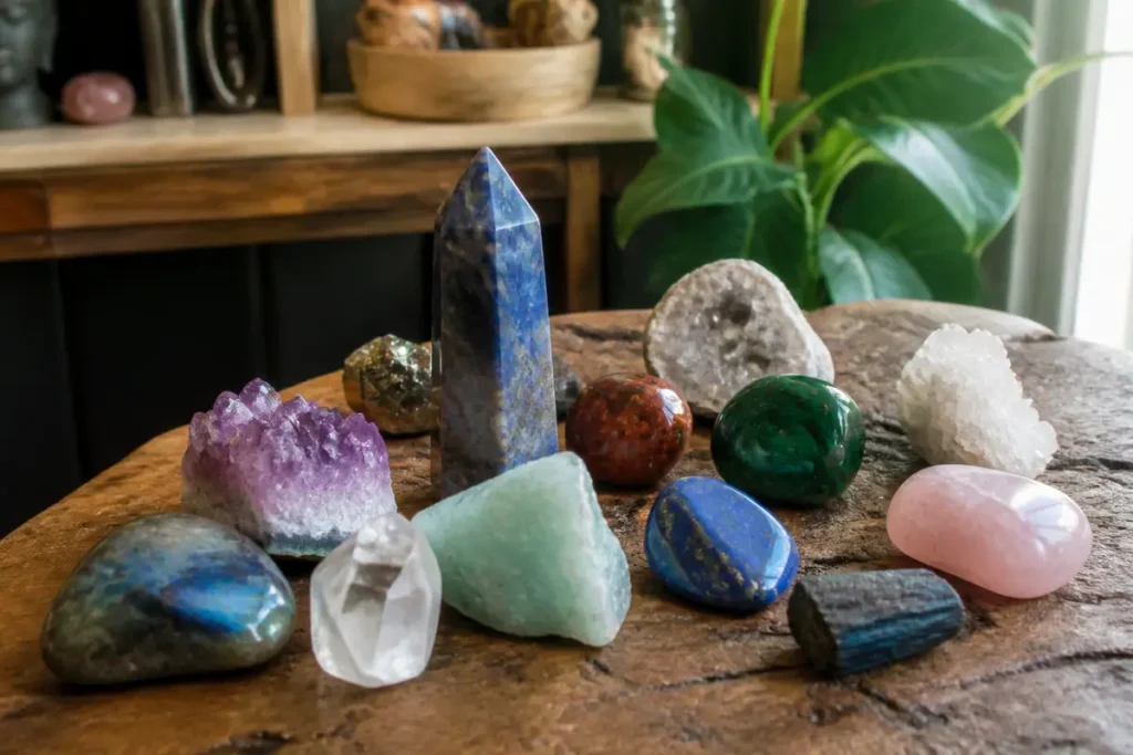 Cristaux variés colorés sur une table, liés à serelaxer.fr et une liste des pierres.