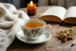 Tasse de thé chaude avec livre et bougie, ambiance slowinfusion.fr apaisante