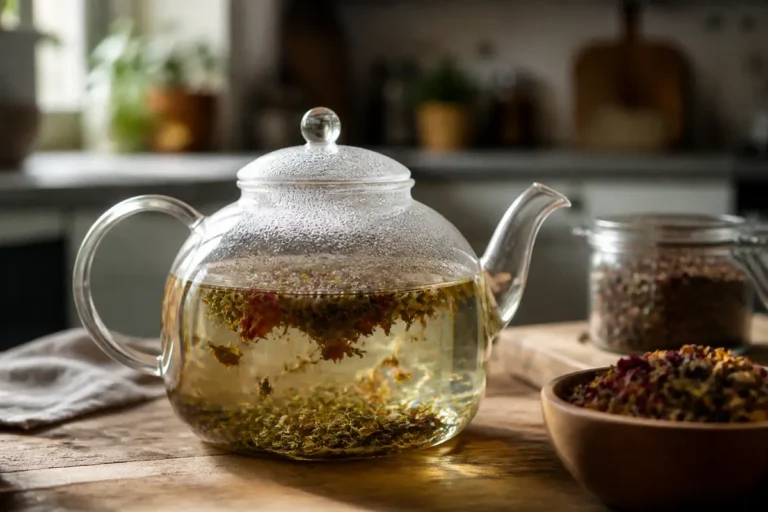 Théière en verre avec infusion d'herbes pour stimuler le cerveau sur slowinfusion.fr