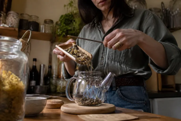 Personne préparant une infusion d'herbes chez soi, illustrant l'humeur de slowinfusion.fr