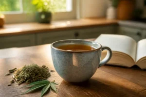 Tisane sur table en bois, feuille de cannabis, pour un bon sommeil avec slowinfusion.fr